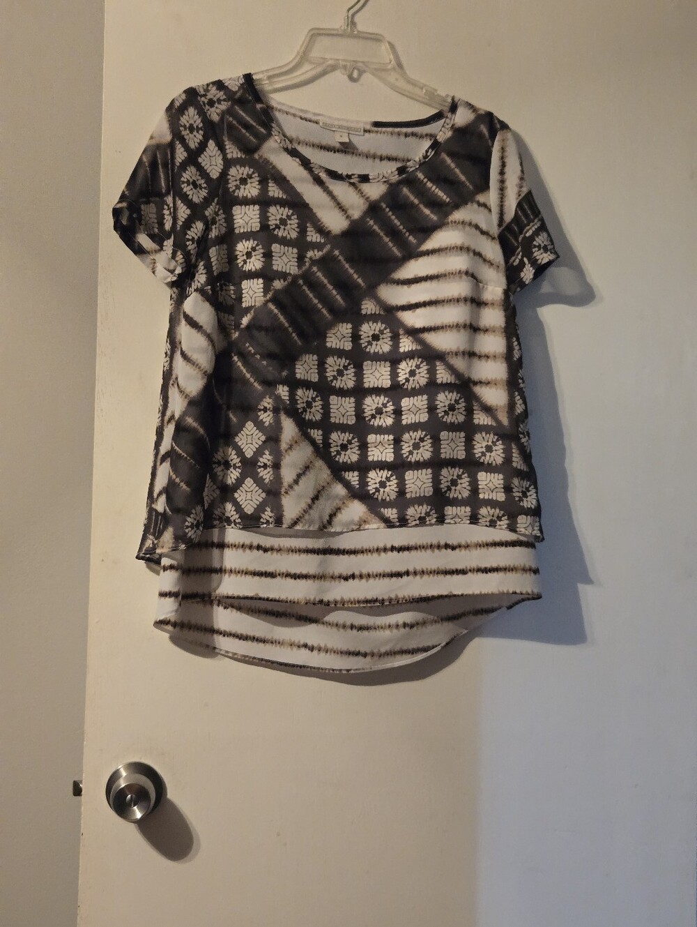 Dana Buchman Brown and White Geometric Sheer Layered Blouse